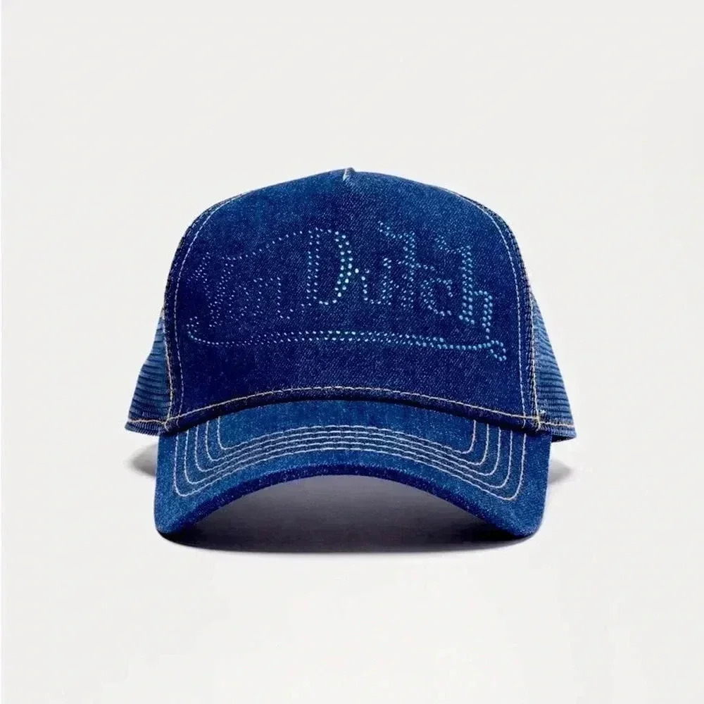 NEW Von Dutch Y2k Dark Denim Dark Stone Rhinestone Denim Trucker Hat